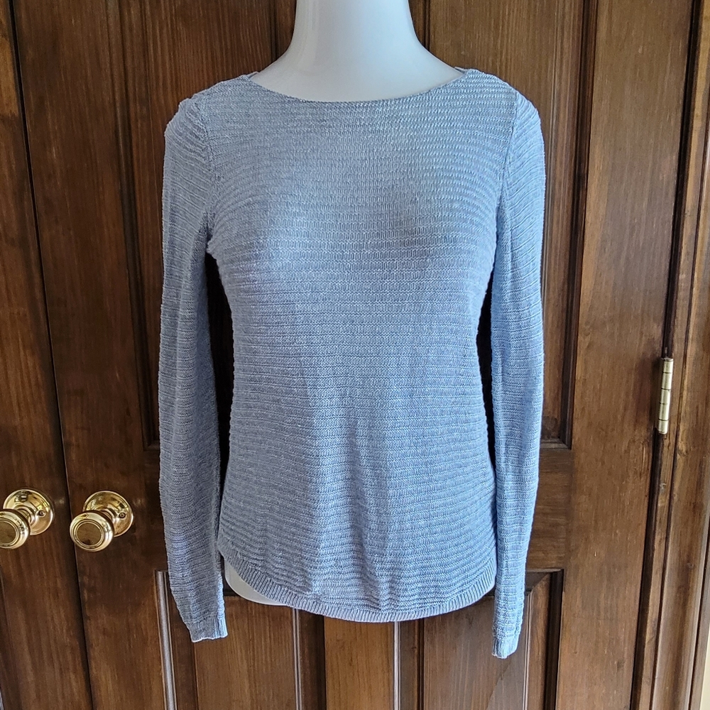 St Topaz Blue & White Linen Sweater Sz S P2P 16 L 17